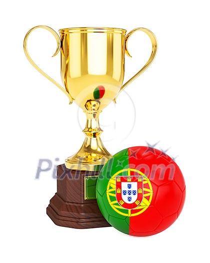 3d rendering of gold trophy cup and soccer football ball with Portugal flag isolated on white background 3d rendering of gold trophy cup and soccer football ball with Portugal flag isolated on white background