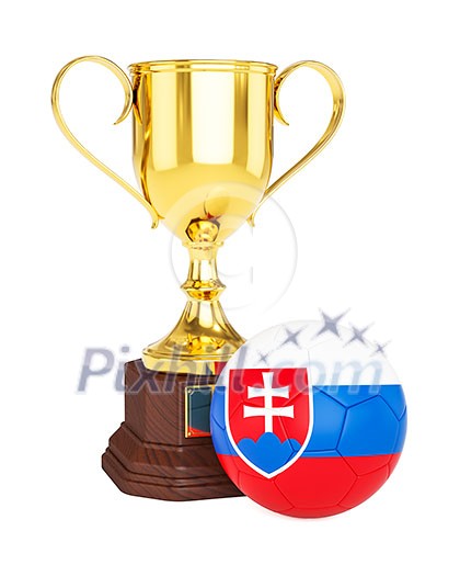 3d rendering of gold trophy cup and soccer football ball with Slovakia flag isolated on white background 3d rendering of gold trophy cup and soccer football ball with Slovakia flag isolated on white background