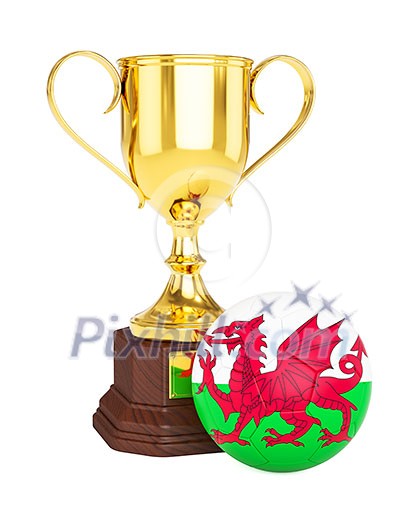 3d rendering of gold trophy cup and soccer football ball with Wales flag isolated on white background 3d rendering of gold trophy cup and soccer football ball with Wales flag isolated on white background