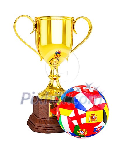 3d rendering of gold trophy cup and soccer football ball with Euro 2016 countries flags isolated on white background 3d rendering of gold trophy cup and soccer football ball with Euro 2016 countries flags isolated on white background