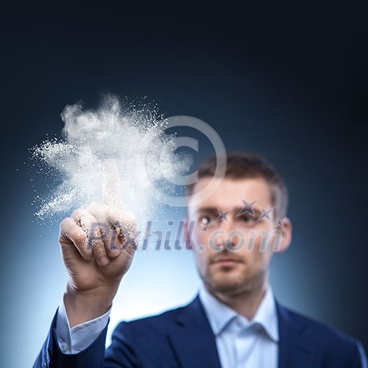 business man touch splash of white powder in air business man touch splash of white powder in air
