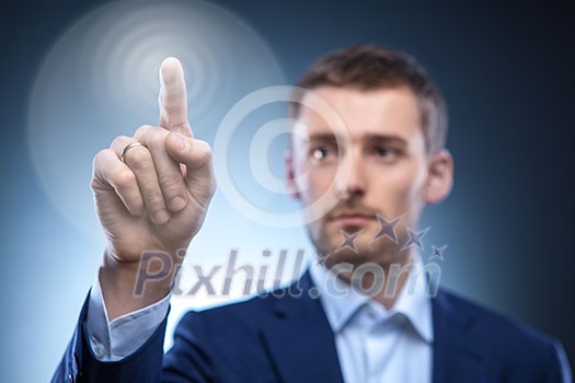 business man pressing touchscreen button business man pressing touchscreen button