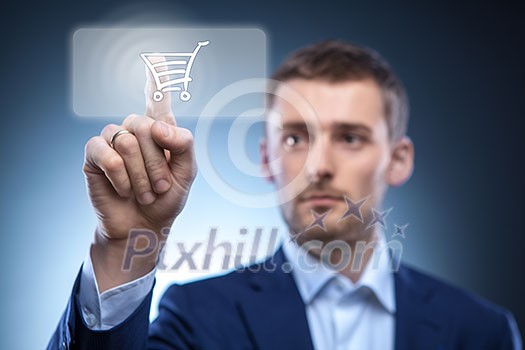 business man press touch button with shopping cart business man press touch button with shopping cart