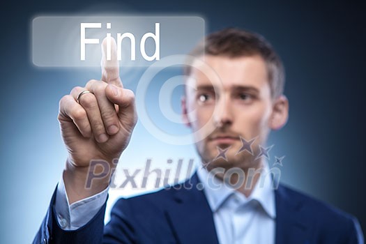 business man pressing Find button on touchscreen business man pressing Find button on touchscreen