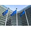 European Union flags in front of the Berlaymont building (European commission) in Brussels, Belgium.