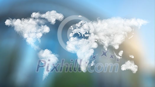 World map made of clouds against European Parliament in Brussels, Belgium World map made of clouds against European Parliament in Brussels, Belgium