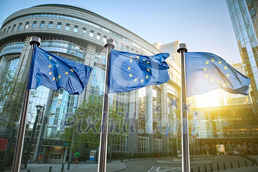 European union flag against parliament in Brussels, Belgium European union flag against parliament in Brussels, Belgium