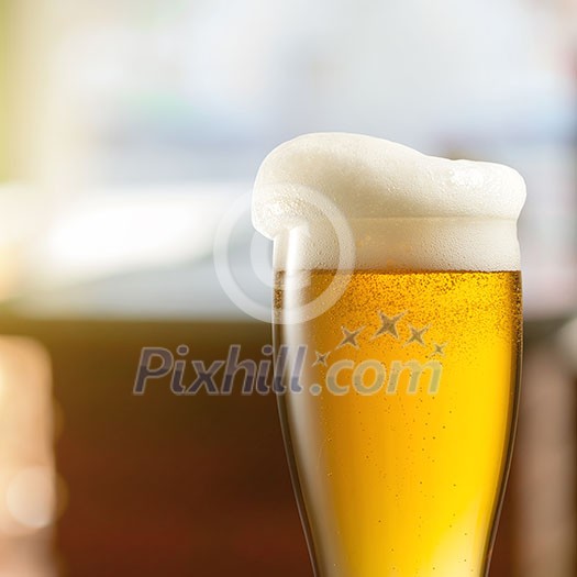 Glass of light beer in pub Glass of light beer in pub
