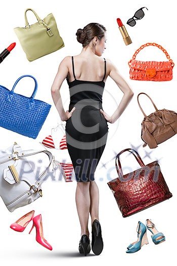 Elegant woman and things to buy isolated on white. Shopping concept Elegant woman and things to buy isolated on white. Shopping concept