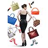 Elegant woman and things to buy isolated on white. Shopping concept