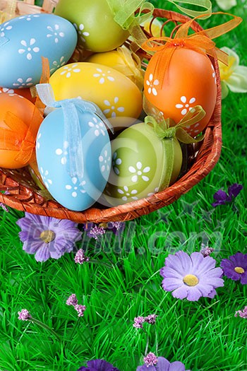 color easter eggs in basket on the green grass color easter eggs in basket on the green grass