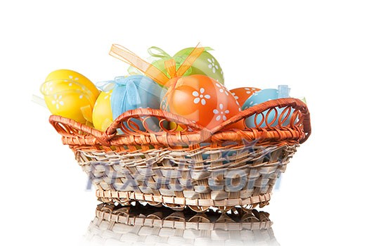 color easter eggs in basket isolated on white color easter eggs in basket isolated on white
