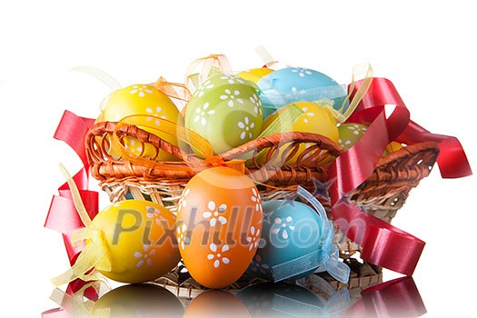 color easter eggs in basket isolated on white color easter eggs in basket isolated on white