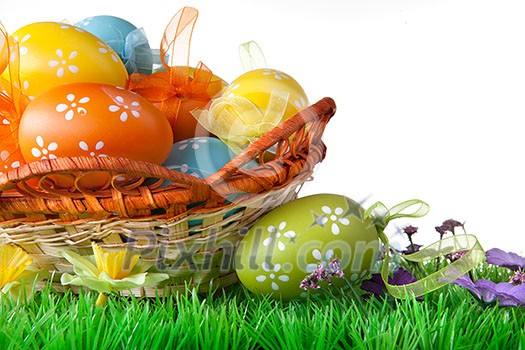 color easter eggs in basket isolated on white color easter eggs in basket isolated on white