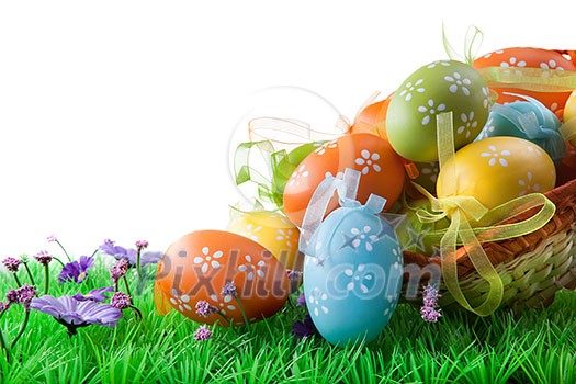 color easter eggs in basket isolated on white color easter eggs in basket isolated on white
