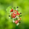 flying salad on natural green background - red tomatoes, pepper, cheese, basil, cucumber and olives