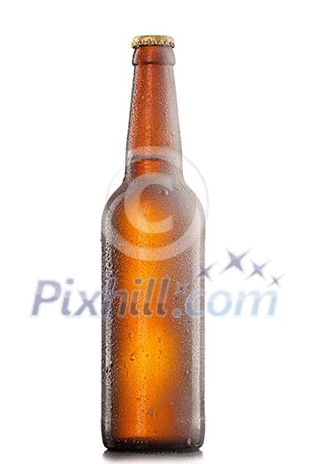 Beer bottle with water drops and frost isolated on white Beer bottle with water drops and frost isolated on white