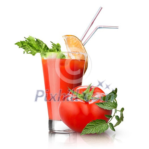 red tomato and glass of juice isolated on white red tomato and glass of juice isolated on white
