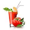 red tomato and glass of juice isolated on white