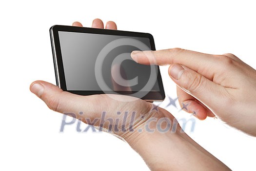 small tablet pc with touch screen in hands isolated on white small tablet pc with touch screen in hands isolated on white
