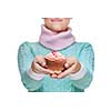 Young woman holding a pink cupcake decorated with hearts, isolated on white background
