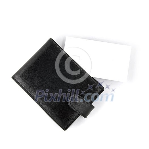 Empty business card with card holder isolated on white Empty business card with card holder isolated on white