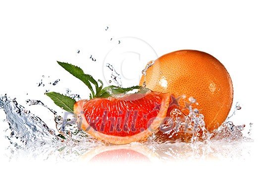 Water splash on grapefruit with mint isolated on white Water splash on grapefruit with mint isolated on white