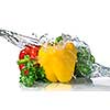 red, yellow, green pepper and parsley with water splash isolated on white