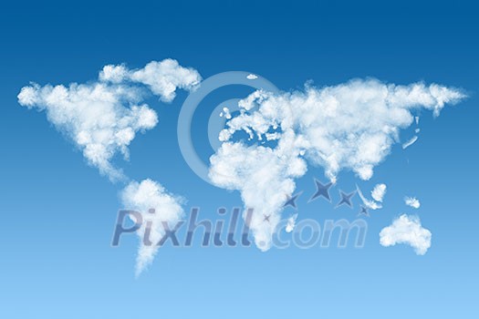 world map made of white puffy clouds on blue sky world map made of white puffy clouds on blue sky