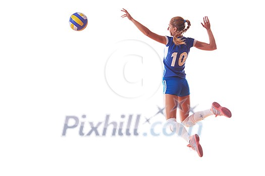 volleyball woman jump and kick ball isolated on white background volleyball woman jump and kick ball isolated on white background