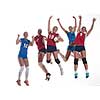 volleyball game sport with group of young beautiful  girls indoor in sport arena ball net