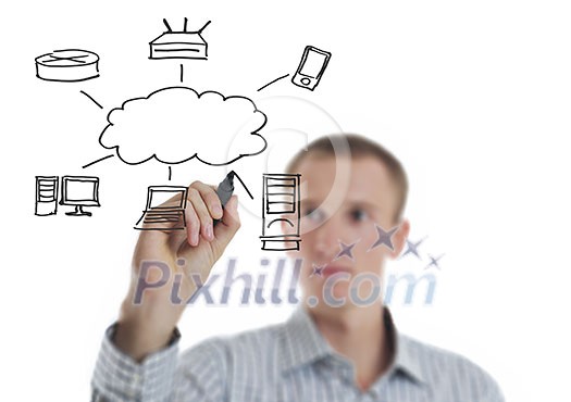 business man draw cloud computing chart on glass isolated over white background in studio business man draw cloud computing chart on glass isolated over white background in studio