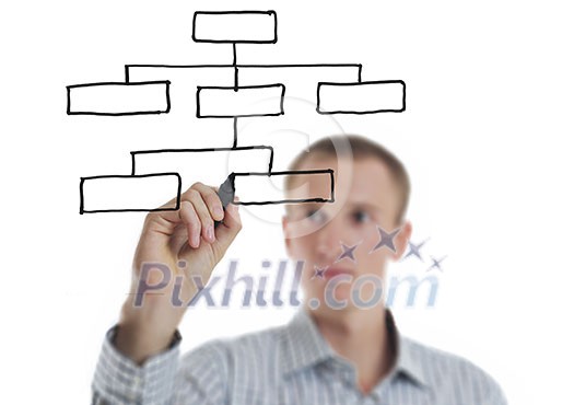 business man draw organisation flow chart isolated on white background in studio business man draw organisation flow chart isolated on white background in studio