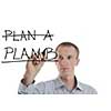 business man draw business solutions and plan b concept  with marker on glass  isolated on white background  in studio