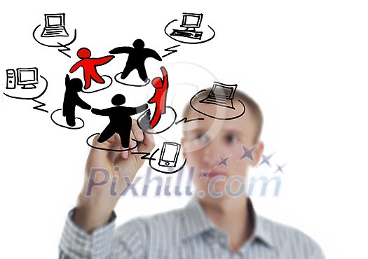 business man draw cloud computing chart on glass isolated over white background in studio business man draw cloud computing chart on glass isolated over white background in studio