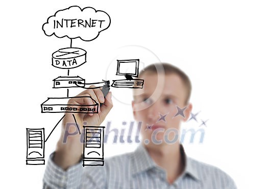 business man draw cloud computing chart on glass isolated over white background in studio business man draw cloud computing chart on glass isolated over white background in studio