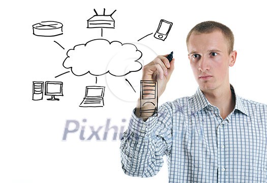 business man draw cloud computing chart on glass isolated over white background in studio business man draw cloud computing chart on glass isolated over white background in studio