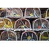 Stacks of wooden lobster traps in North Rustico, Prince Edward Island, Canada.