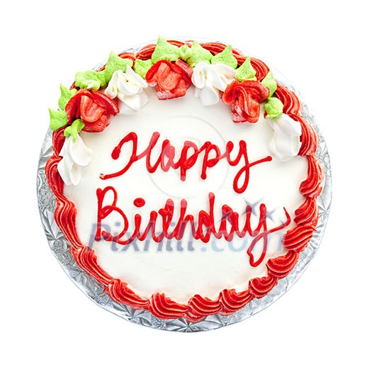 Birthday cake with writing from above isolated on white Birthday cake with writing from above isolated on white