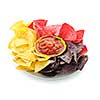 Bowl of salsa with colorful tortilla chips isolated on white background
