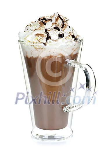 Hot chocolate with whipped cream in mug isolated on white Hot chocolate with whipped cream in mug isolated on white