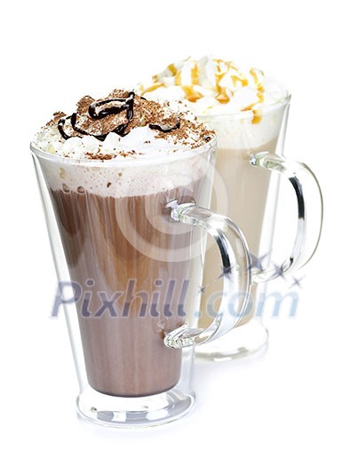 Hot chocolate and coffee beverages with whipped cream isolated on white background Hot chocolate and coffee beverages with whipped cream isolated on white background