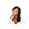 Thoughtful black woman looking up portrait isolated on white background
