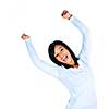Happy black woman with raised arms isolated on white background