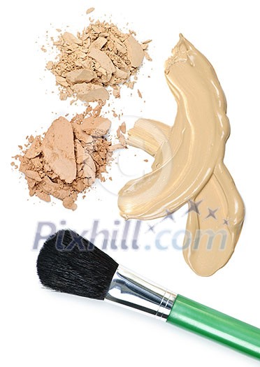 Cosmetic foundation cream and powder with brush on white background Cosmetic foundation cream and powder with brush on white background