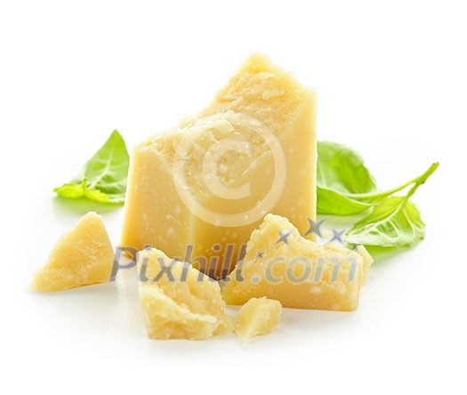 Parmesan cheese pieces closeup on white background Parmesan cheese pieces closeup on white background