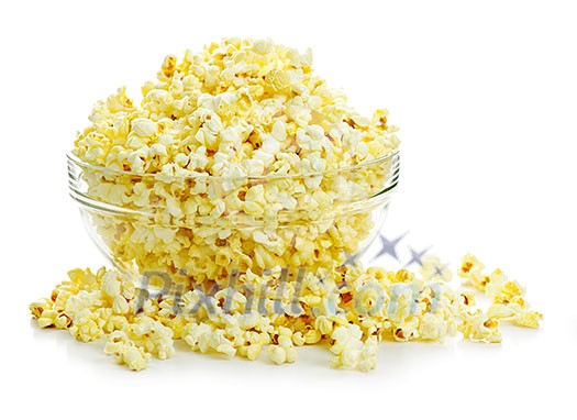 Bowl of fresh popped popcorn isolated on white background
