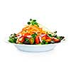 Plate of healthy green garden salad with fresh vegetables on white background