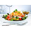 Plate of healthy green garden salad with fresh vegetables served with balsamic dressing