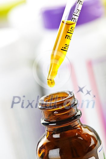 Closeup of liquid medicine in glass dropper and bottle Closeup of liquid medicine in glass dropper and bottle